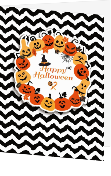 Halloween-Karten-Kürbisrahmen mit schwarz-weiß gestreiftem Hintergrund